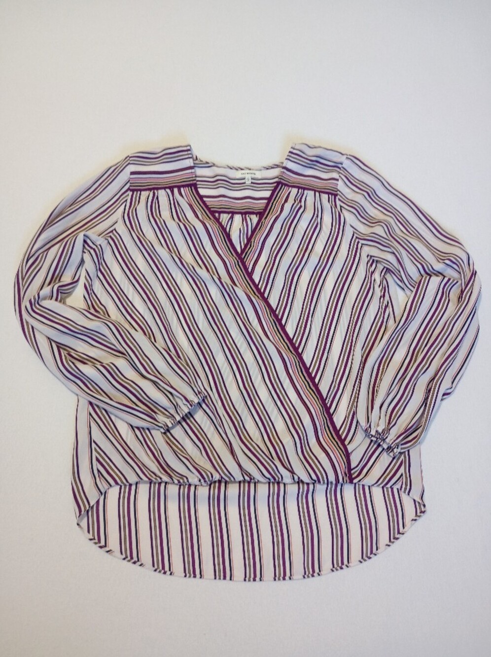 Max Studio Striped Faux Wrap Blouse Top L Purple Burgundy Multi Long Sleeve